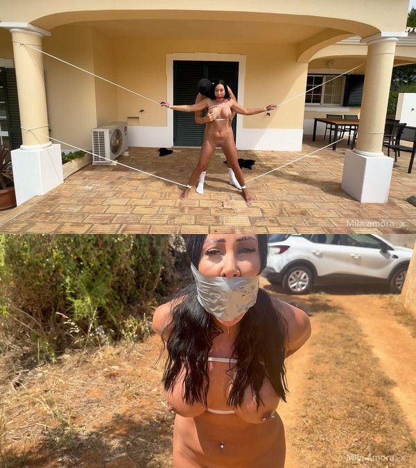 Mila Amora:  Intruder on villa vacation – Mila Amora rope tied, ball gagged, fucked, wrap gagged and publicly humiliated