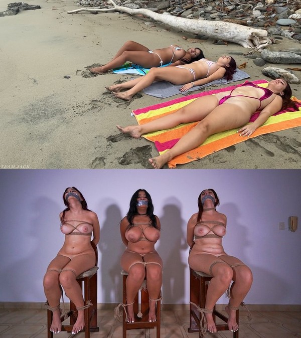 TeamJacky: Ayira Oba, Riggell, and Bellatrix – intruder gags the girls when they come home after a day at the beach ($12.99 Clips4sale)